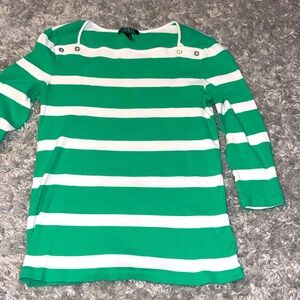 Lauren Ralph Top Large Green White Striped 3/4 Sleeves Casual Square Sz L